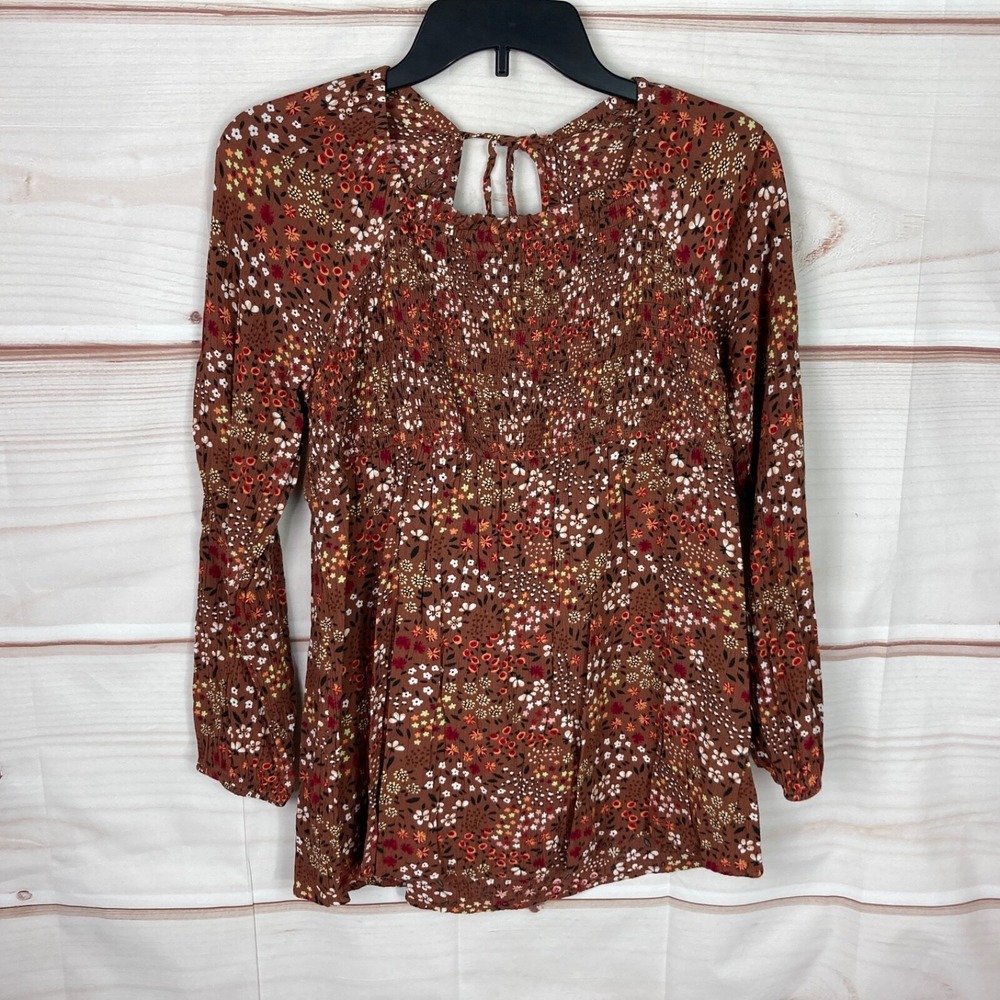 Sonoma Top Womens S Maternity Brown Floral Blouse Smocked Long Sleeve Tie Back
